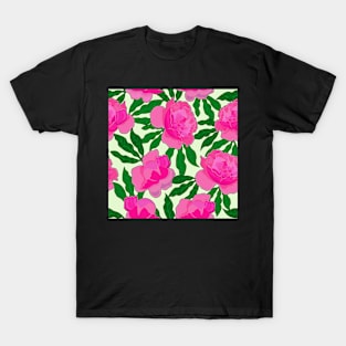 Pink Peonies on Green Background Peony Floral Print Pattern T-Shirt